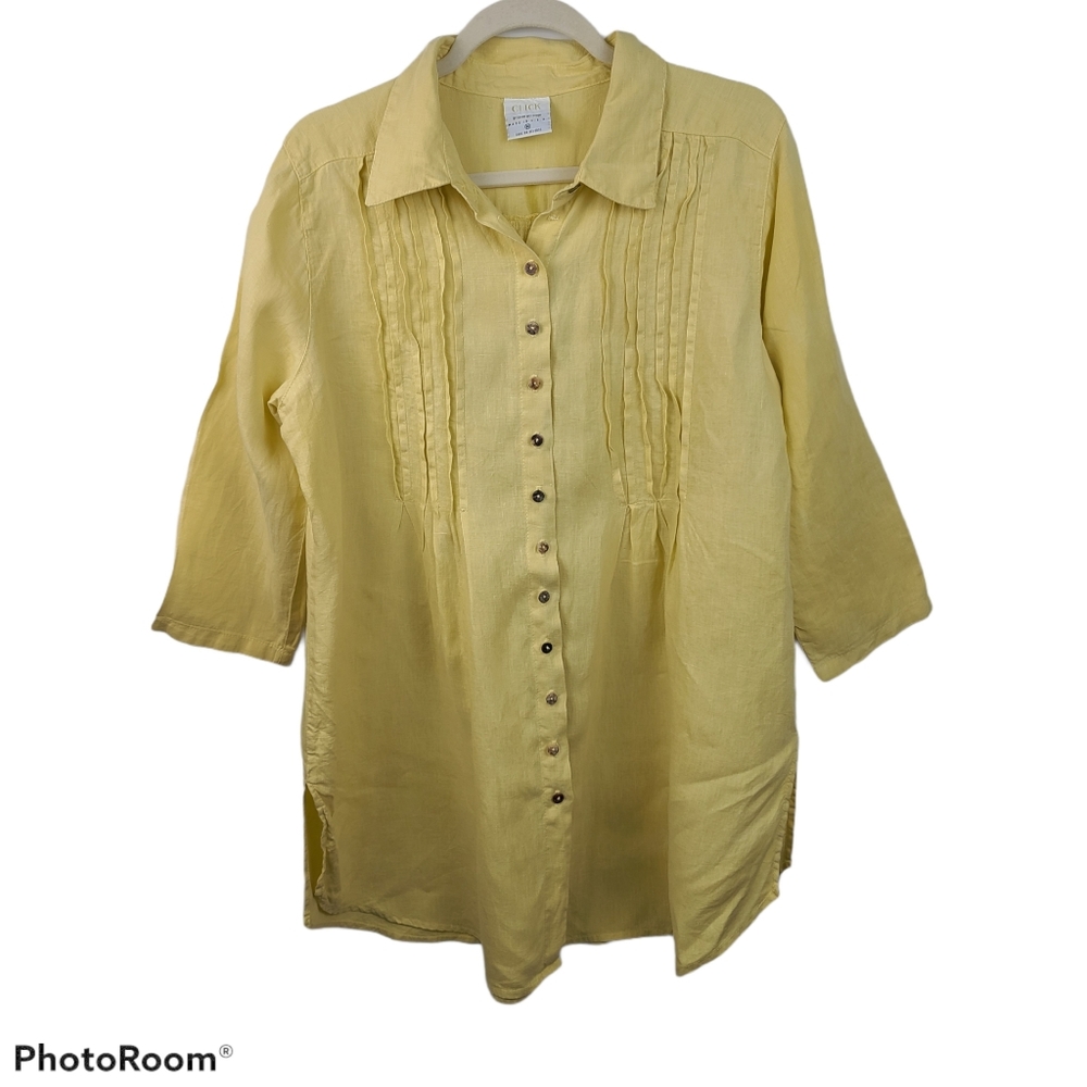 Click Yellow Linen Button Down Tunic Shirt Medium